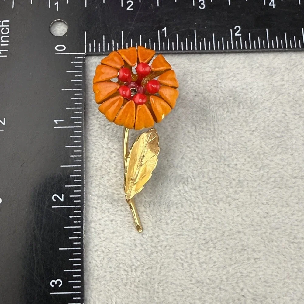 Vintage Enamel Flower Brooch‎ Orange MCM Mod 2